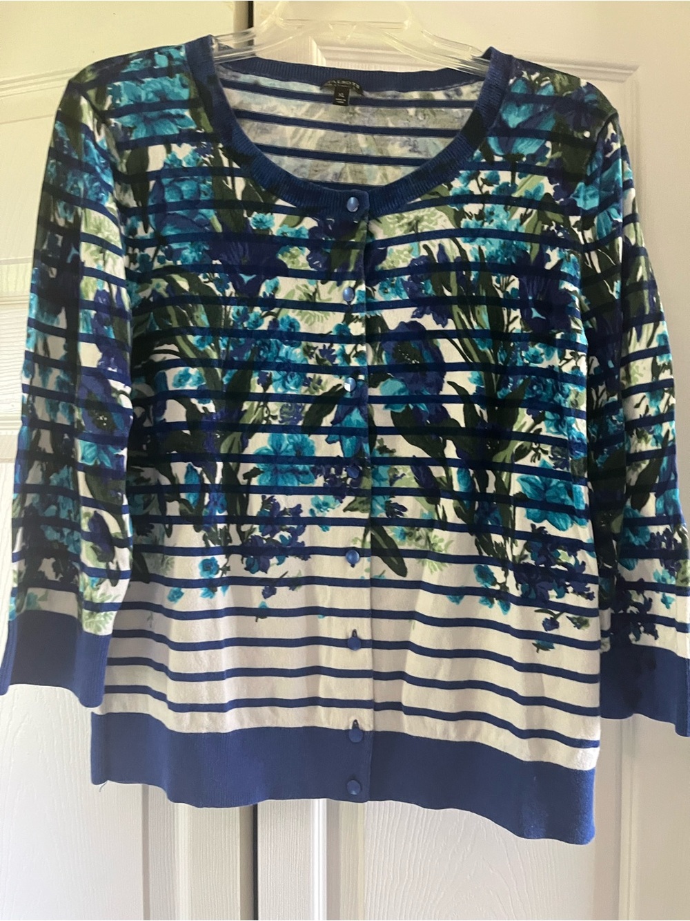 Talbots Blue-Striped Floral Cardigan, 3/4 Sleeves